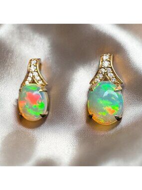 18K Gold Orion Opal & Diamond Earrings 3.64ct Chromia Natural Opal Earrings 3.4g